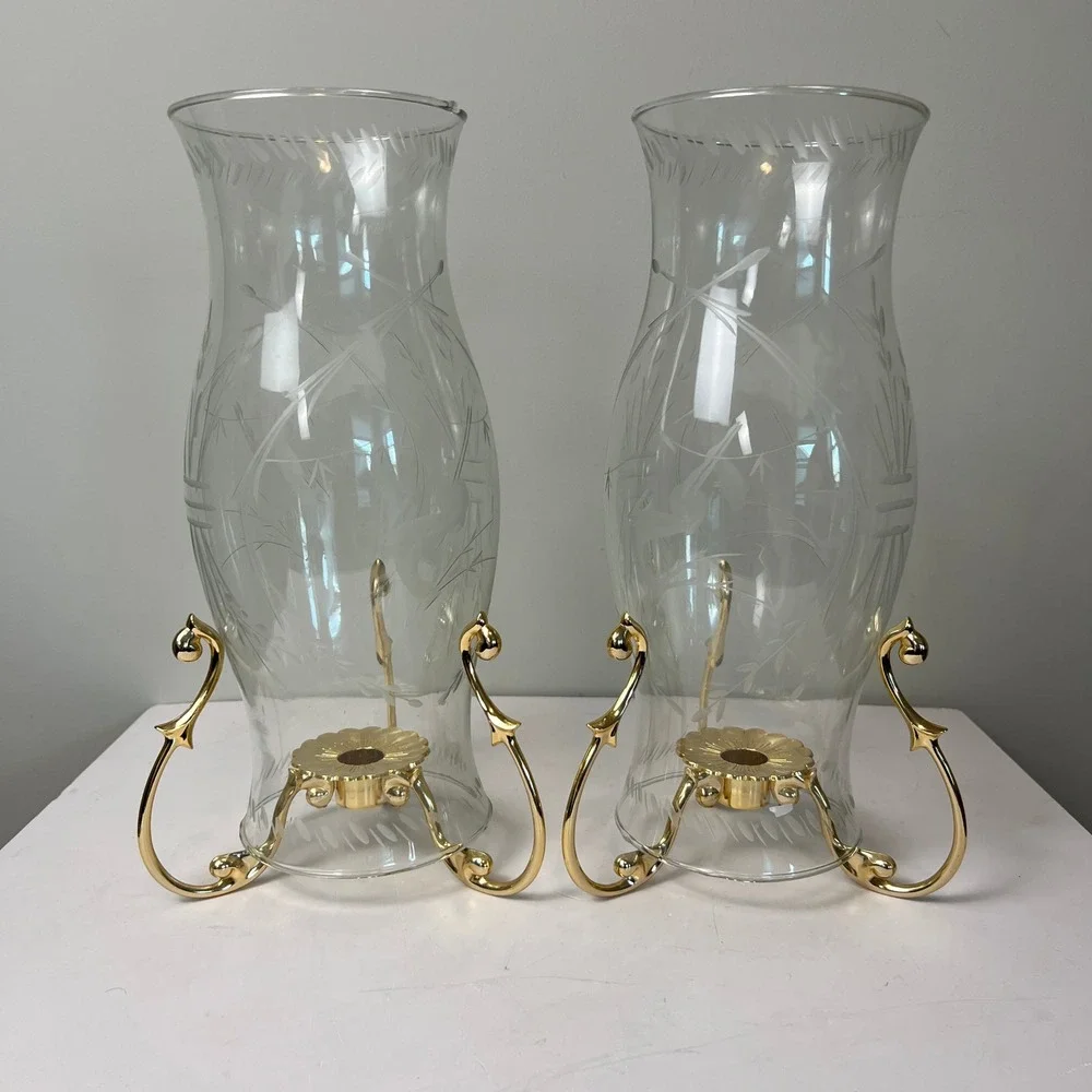 PartyLite Versailles Candle Holders Set 2 Gold Etched Glass Vtg Decor Holiday